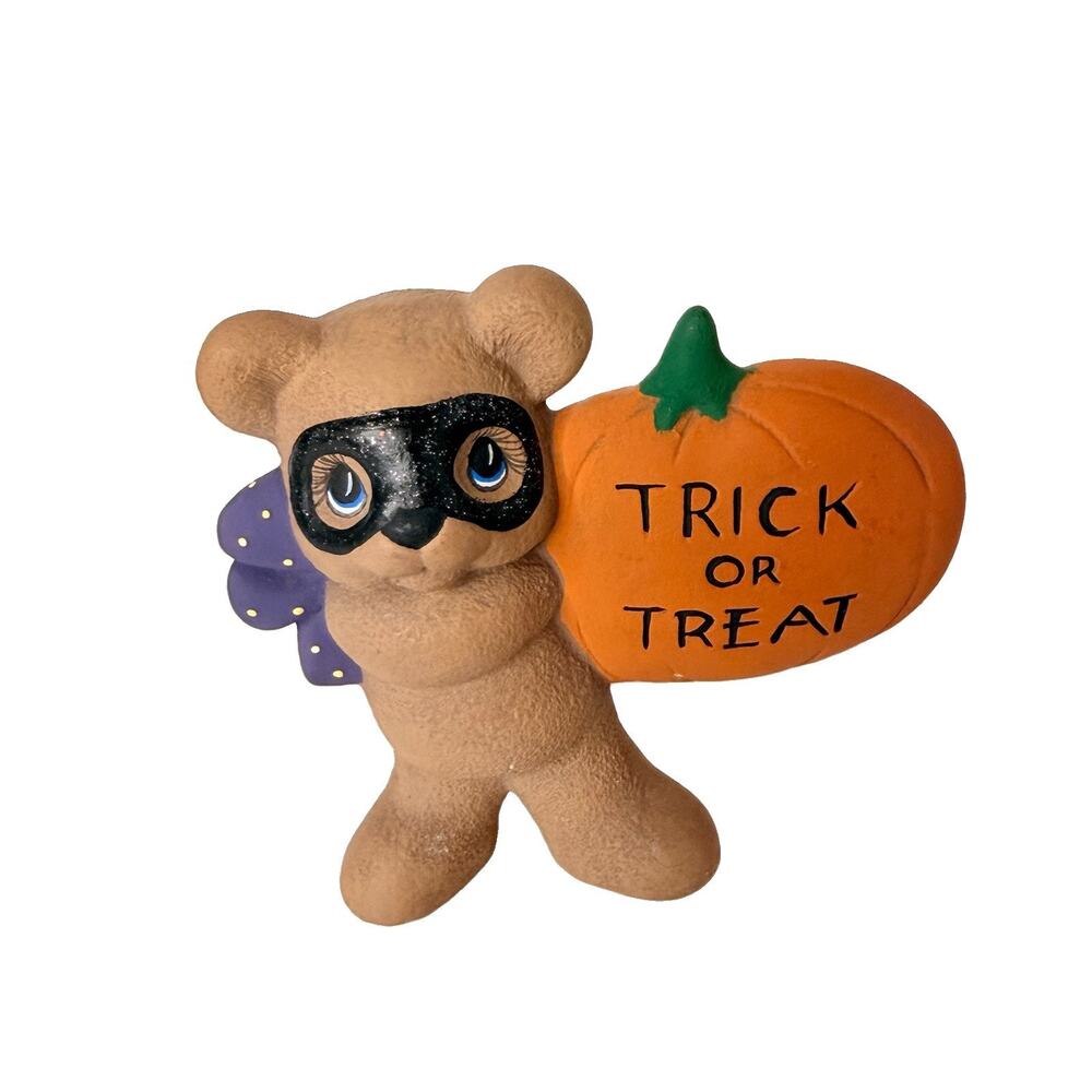 Halloween Bear In Mask Figurine Holding Pumpkin Trick Or Treat 4.5 Inches